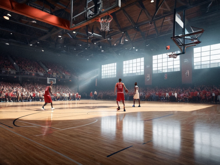 篮球馆内球员起跳投篮的NBA比赛瞬间