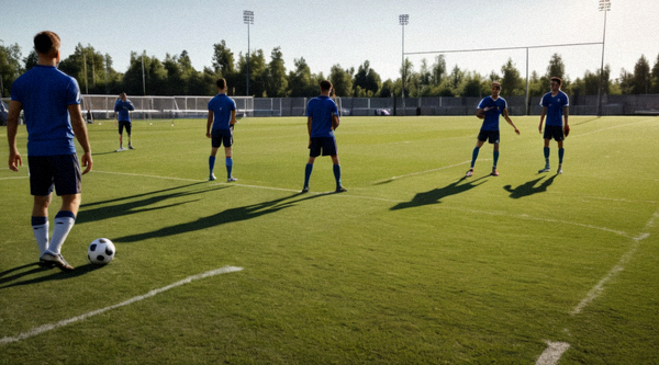 足球训练场上的球员进行传接球训练，场边教练在记录