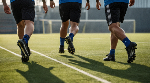 足球运动员在训练场进行折返跑与体能训练