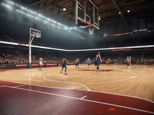 室内篮球比赛现场，球员起跳投篮，场馆记分牌显示当前比分