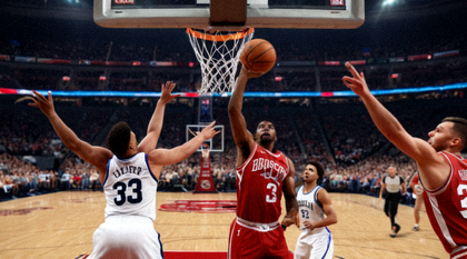 篮球比赛现场球员突破上篮，NBA常规赛对抗画面